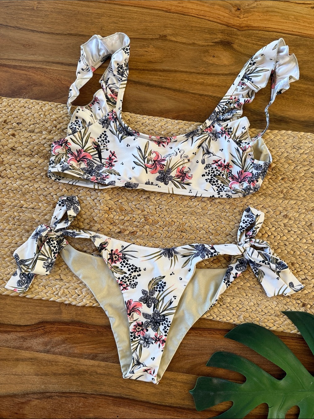 Floral Tie-Side Ruffled Strap Bikini Set in White with Pink & Black Accents
